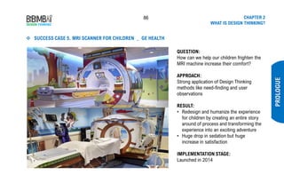 86 CHAPTER 2
WHAT IS DESIGN THINKING?
❖ SUCCESS CASE 5. MRI SCANNER FOR CHILDREN _ GE HEALTH
PROLOGUE
QUESTION:
How can we help our children frighten the
MRI machine increase their comfort?
APPROACH:
Strong application of Design Thinking
methods like need-finding and user
observations
RESULT:
• Redesign and humanize the experience
for children by creating an entire story
around of process and transforming the
experience into an exciting adventure
• Huge drop in sedation but huge
increase in satisfaction
IMPLEMENTATION STAGE:
Launched in 2014
 