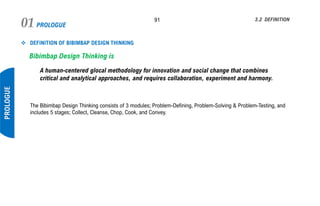 PROLOGUE01 91
PROLOGUE
3.2 DEFINITION
❖ DEFINITION OF BIBIMBAP DESIGN THINKING
Bibimbap Design Thinking is
A human-centered glocal methodology for innovation and social change that combines
critical and analytical approaches, and requires collaboration, experiment and harmony.
The Bibimbap Design Thinking consists of 3 modules; Problem-Defining, Problem-Solving & Problem-Testing, and
includes 5 stages; Collect, Cleanse, Chop, Cook, and Convey.
 