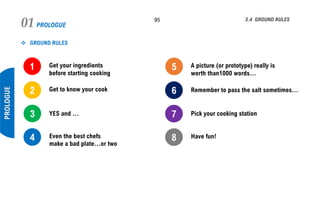 PROLOGUE01 95
PROLOGUE
3.4 GROUND RULES
Get your ingredients
before starting cooking
1
2 Get to know your cook
3 YES and …
4 Even the best chefs
make a bad plate…or two
5
6
7
8
A picture (or prototype) really is
worth than1000 words…
Remember to pass the salt sometimes…
Pick your cooking station
Have fun!
❖ GROUND RULES
 