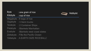 Hobbyist
Byte
Kilobyte
: one grain of rice
: cup of rice
Megabyte : 8 bags of rice
Gigabyte
Terabyte
Petabyte
Exabyte
: 3 Semi trucks
: 2 Container Ships
: Blankets Manhattan
: Blankets west coast states
Zettabyte : Fills the Pacific Ocean
Yottabyte : A EARTH SIZE RICEBALL!
 