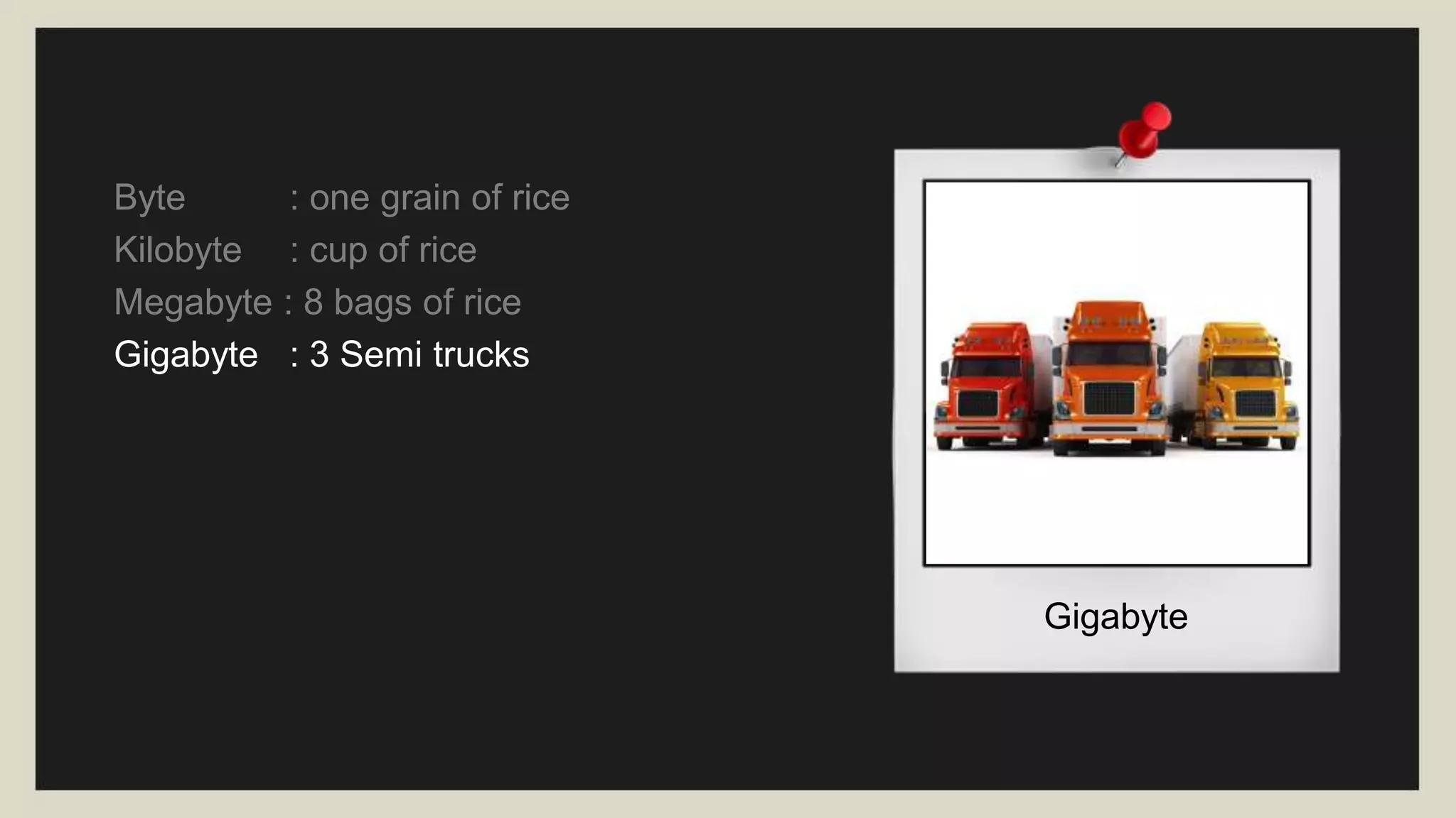 One ByteExabyte
Byte : one grain of rice
Kilobyte : cup of rice
Megabyte : 8 bags of rice
Gigabyte : 3 Semi trucks
Terabyte : 2 Container Ships
Petabyte : Blankets Manhattan
Exabyte : Blankets west coast states
 