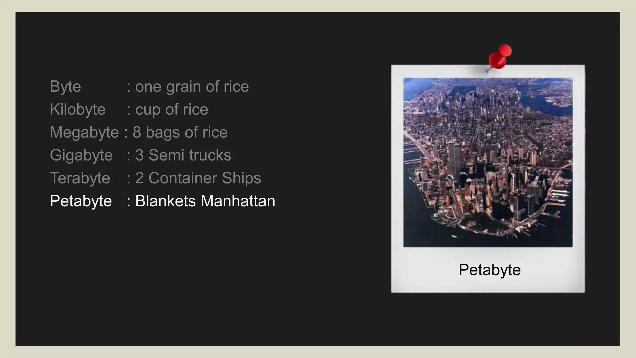 Byte : one grain of rice
Kilobyte : cup of rice
Megabyte : 8 bags of rice
Gigabyte : 3 Semi trucks
Terabyte : 2 Container Ships
Petabyte : Blankets Manhattan
Exabyte : Blankets west coast states
Zettabyte : Fills the Pacific Ocean
Yottabyte : A EARTH SIZE RICE BALL! Yottabyte
 
