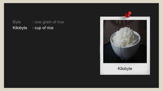 Byte : one grain of rice
Kilobyte : cup of rice
Megabyte : 8 bags of rice
Gigabyte : 3 Semi trucks
Terabyte : 2 Container ...