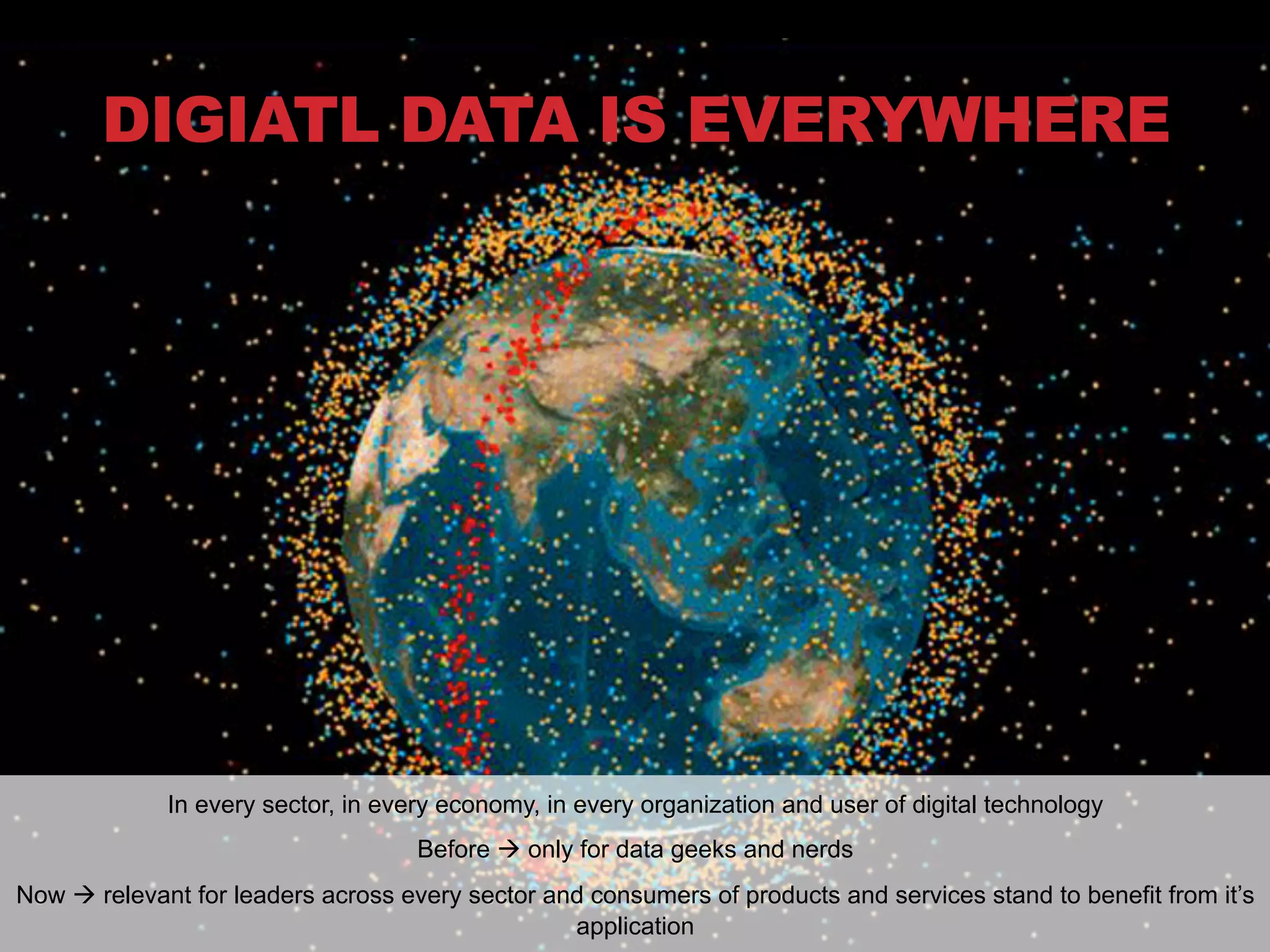 DIGIATL DATA IS EVERYWHERE

In every sector, in every economy, in every organization and user of digital technology
Before à only for data geeks and nerds
Now à relevant for leaders across every sector and consumers of products and services stand to benefit from it’s
application

 