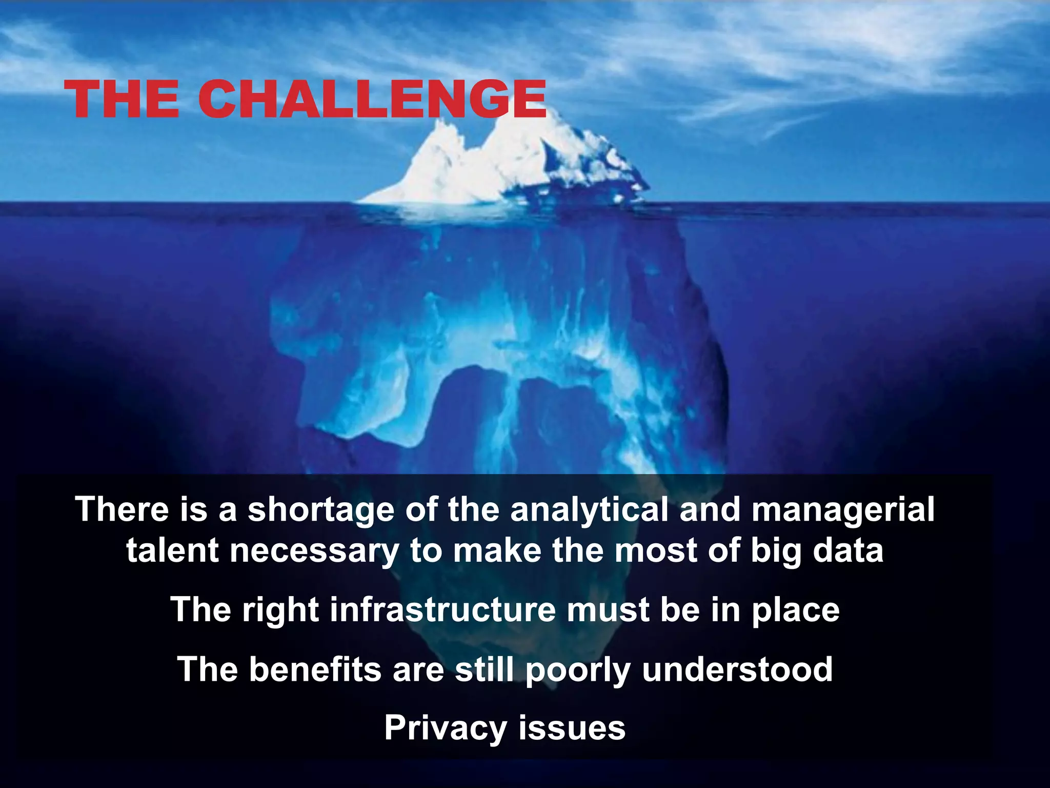 THE CHALLENGE

There is a shortage of the analytical and managerial
talent necessary to make the most of big data
The right infrastructure must be in place
The benefits are still poorly understood
Privacy issues

 