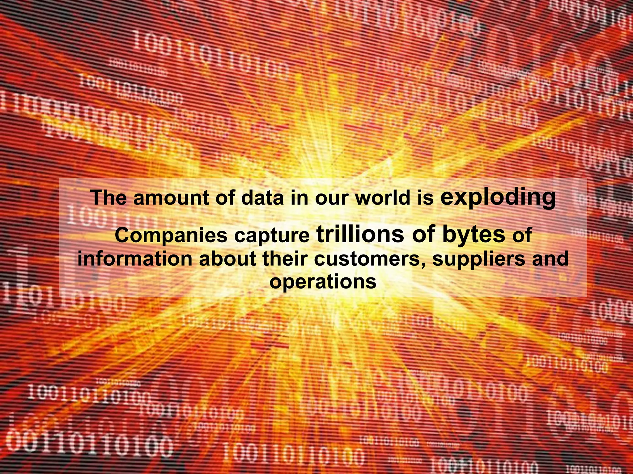 The amount of data in our world is exploding
Companies capture trillions of bytes of
information about their customers, suppliers and
operations

 