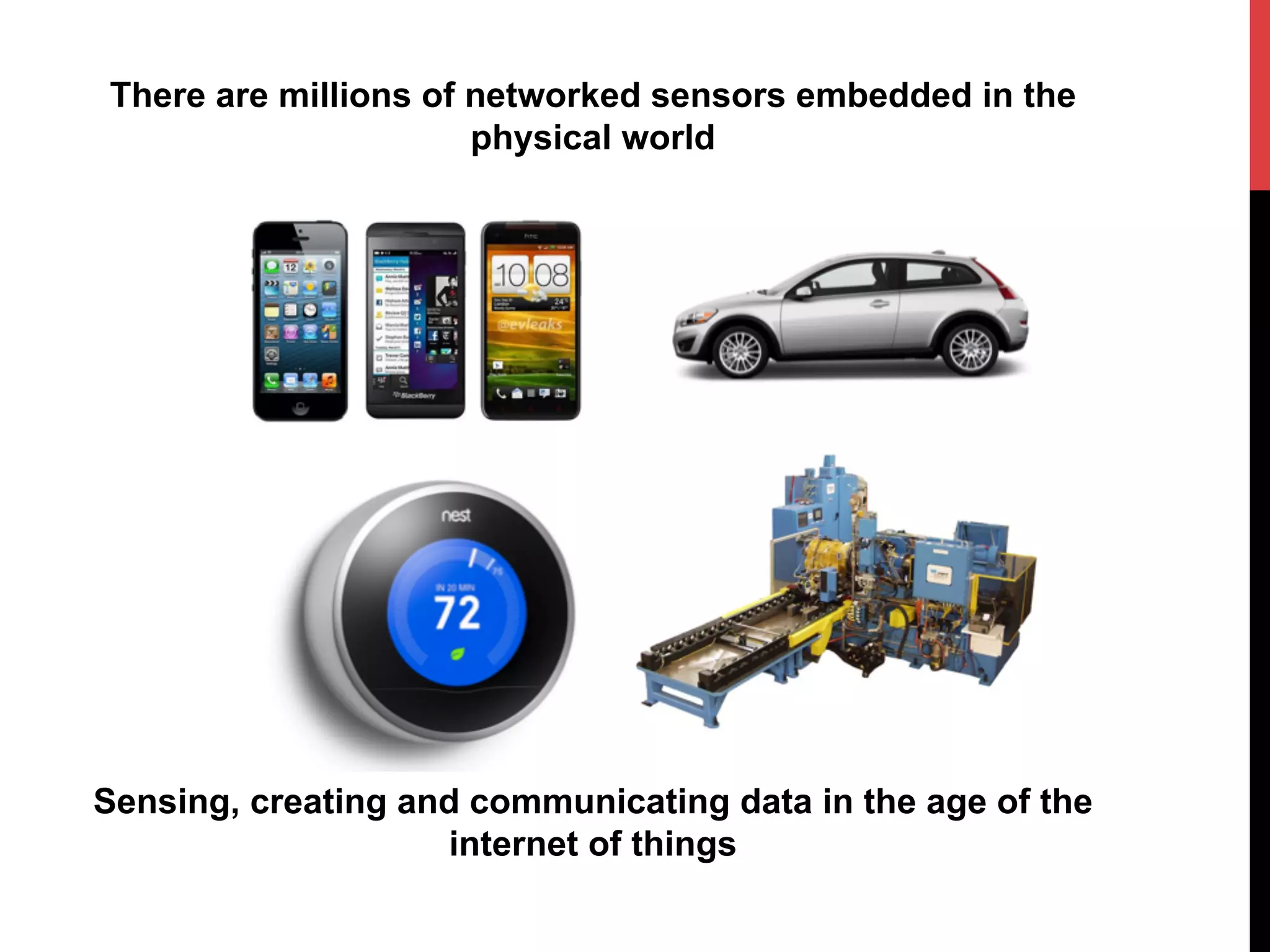 There are millions of networked sensors embedded in the
physical world

Sensing, creating and communicating data in the age of the
internet of things

 
