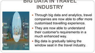 BIG DATA IN TRAVEL
INDUSTRY
 Through big data and analytics, travel
companies are now able to offer more
customised trave...