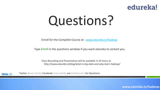 Slide 20
Questions?
Enroll for the Complete Course at : www.edureka.in/hadoop
Twitter @edurekaIN, Facebook /edurekaIN, use #askEdureka for Questions
www.edureka.in/hadoop
Type Enroll in the questions window if you want edureka to contact you
Class Recording and Presentation will be available in 24 hours at:
http://www.edureka.in/blog/what-is-big-data-and-why-learn-hadoop/
 