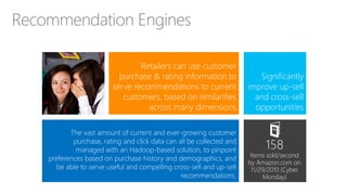 The vast amount of current and ever-growing customer
purchase, rating and click data can all be collected and
managed with an Hadoop-based solution, to pinpoint
preferences based on purchase history and demographics, and
be able to serve useful and compelling cross-sell and up-sell
recommendations.
Recommendation Engines
Significantly
improve up-sell
and cross-sell
opportunities
Retailers can use customer
purchase & rating information to
serve recommendations to current
customers, based on similarities
across many dimensions
158
Items sold/second
by Amazon.com on
11/29/2010 (Cyber
Monday)
 