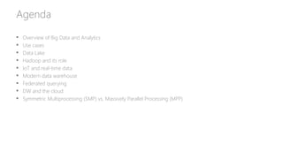 Agenda
 Overview of Big Data and Analytics
 Use cases
 Data Lake
 Hadoop and its role
 IoT and real-time data
 Modern data warehouse
 Federated querying
 Data warehouse and the cloud
 Symmetric Multiprocessing (SMP) vs. Massively Parallel Processing (MPP)
 