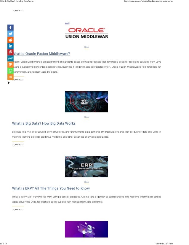 28/03/2022
What Is Oracle Fusion Middleware?
28/03/2022
Blog
Oracle Fusion Middleware is an assortment of standards-based software products that traverses a scope of tools and services: from Java
EE and developer tools to integration services, business intelligence, and coordinated effort. Oracle Fusion Middleware offers total help for
improvement, arrangement, and the board.
What Is Big Data? How Big Data Works
27/03/2022
Blog
Big data is a mix of structured, semi-structured, and unstructured data gathered by organizations that can be dug for data and used in
machine learning projects, predictive modeling, and other advanced analytics applications.
What is ERP? All The Things You Need to Know
24/03/2022
Blog
What is ERP? ERP frameworks work using a central database. Clients take a gander at dashboards to see real-time information across
various business units, for example, sales, supply chain management, and personnel.
What Is Big Data? How Big Data Works https://pridesys.com/what-is-big-data-how-big-data-works/
10 of 14 4/18/2022, 12:43 PM
 