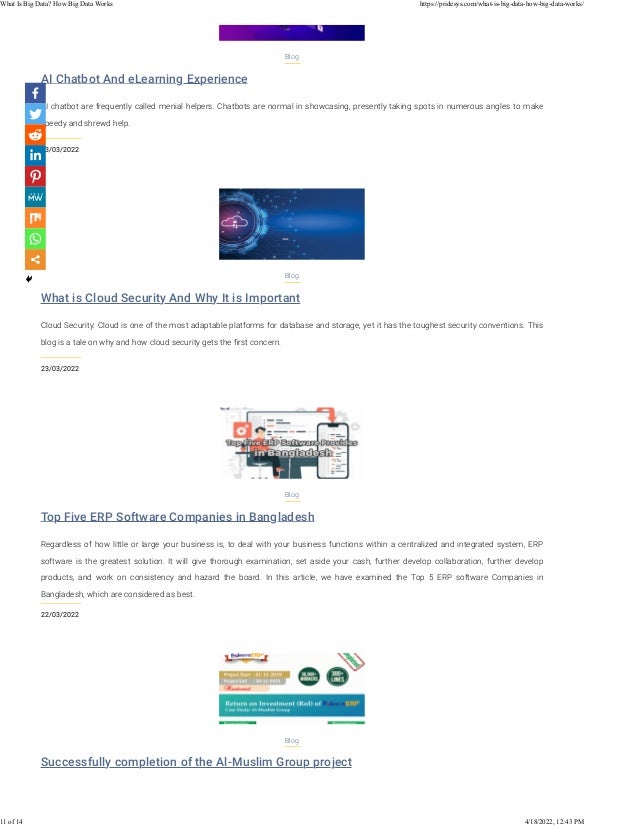 AI Chatbot And eLearning Experience
23/03/2022
Blog
AI chatbot are frequently called menial helpers. Chatbots are normal in showcasing, presently taking spots in numerous angles to make
speedy and shrewd help.
What is Cloud Security And Why It is Important
23/03/2022
Blog
Cloud Security: Cloud is one of the most adaptable platforms for database and storage, yet it has the toughest security conventions. This
blog is a tale on why and how cloud security gets the ﬁrst concern.
Top Five ERP Software Companies in Bangladesh
22/03/2022
Blog
Regardless of how little or large your business is, to deal with your business functions within a centralized and integrated system, ERP
software is the greatest solution. It will give thorough examination, set aside your cash, further develop collaboration, further develop
products, and work on consistency and hazard the board. In this article, we have examined the Top 5 ERP software Companies in
Bangladesh, which are considered as best.
Successfully completion of the Al-Muslim Group project
Blog
What Is Big Data? How Big Data Works https://pridesys.com/what-is-big-data-how-big-data-works/
11 of 14 4/18/2022, 12:43 PM
 
