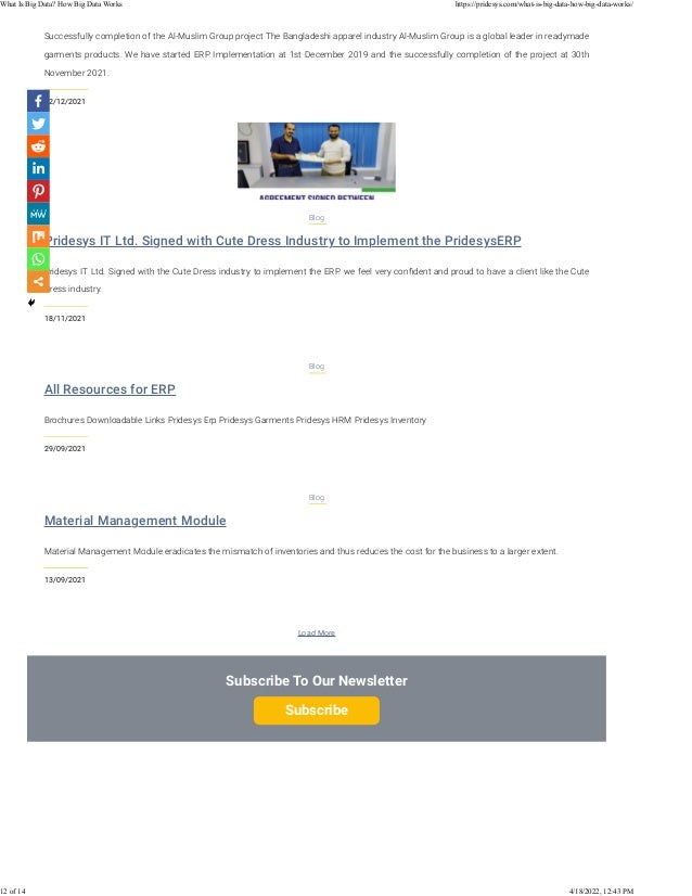 Subscribe To Our Newsletter
Subscribe
02/12/2021
Successfully completion of the Al-Muslim Group project The Bangladeshi apparel industry Al-Muslim Group is a global leader in readymade
garments products. We have started ERP Implementation at 1st December 2019 and the successfully completion of the project at 30th
November 2021.
Pridesys IT Ltd. Signed with Cute Dress Industry to Implement the PridesysERP
18/11/2021
Blog
Pridesys IT Ltd. Signed with the Cute Dress industry to implement the ERP. we feel very conﬁdent and proud to have a client like the Cute
Dress industry.
All Resources for ERP
29/09/2021
Blog
Brochures Downloadable Links Pridesys Erp Pridesys Garments Pridesys HRM Pridesys Inventory
Material Management Module
13/09/2021
Blog
Material Management Module eradicates the mismatch of inventories and thus reduces the cost for the business to a larger extent.
Load More
What Is Big Data? How Big Data Works https://pridesys.com/what-is-big-data-how-big-data-works/
12 of 14 4/18/2022, 12:43 PM
 