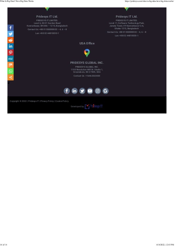      
Pridesys IT Ltd.
PRIDESYS IT LIMITED.
Level 6, 20/21 Garden Road
Kawranbazar, DHAKA – 1215, Bangladesh
Contact Us: +88 01550000003 – 4, 6 – 8
Lan: +88 02 44810030-1
Pridesys IT Ltd.
PRIDESYS IT LIMITED.
Level-11, Software Technology Park,
Janata Tower, 49 Kawranbazar C/A,
Dhaka-1215, Bangladesh
Contact Us: +88 01550000003 – 4, 6 – 8
Lan: +88 02 44810030-1
USA Oﬃce
PRIDESYS GLOBAL INC.
PRIDESYS GLOBAL INC.
1150 Revolution Mill Dr. Studio 1,
Greensboro, NC 27405, USA
Contact Us: +16462023430
Copyright © 2022 | Pridesys IT | Privacy Policy | Cookie Policy
Developed by
What Is Big Data? How Big Data Works https://pridesys.com/what-is-big-data-how-big-data-works/
14 of 14 4/18/2022, 12:43 PM
 