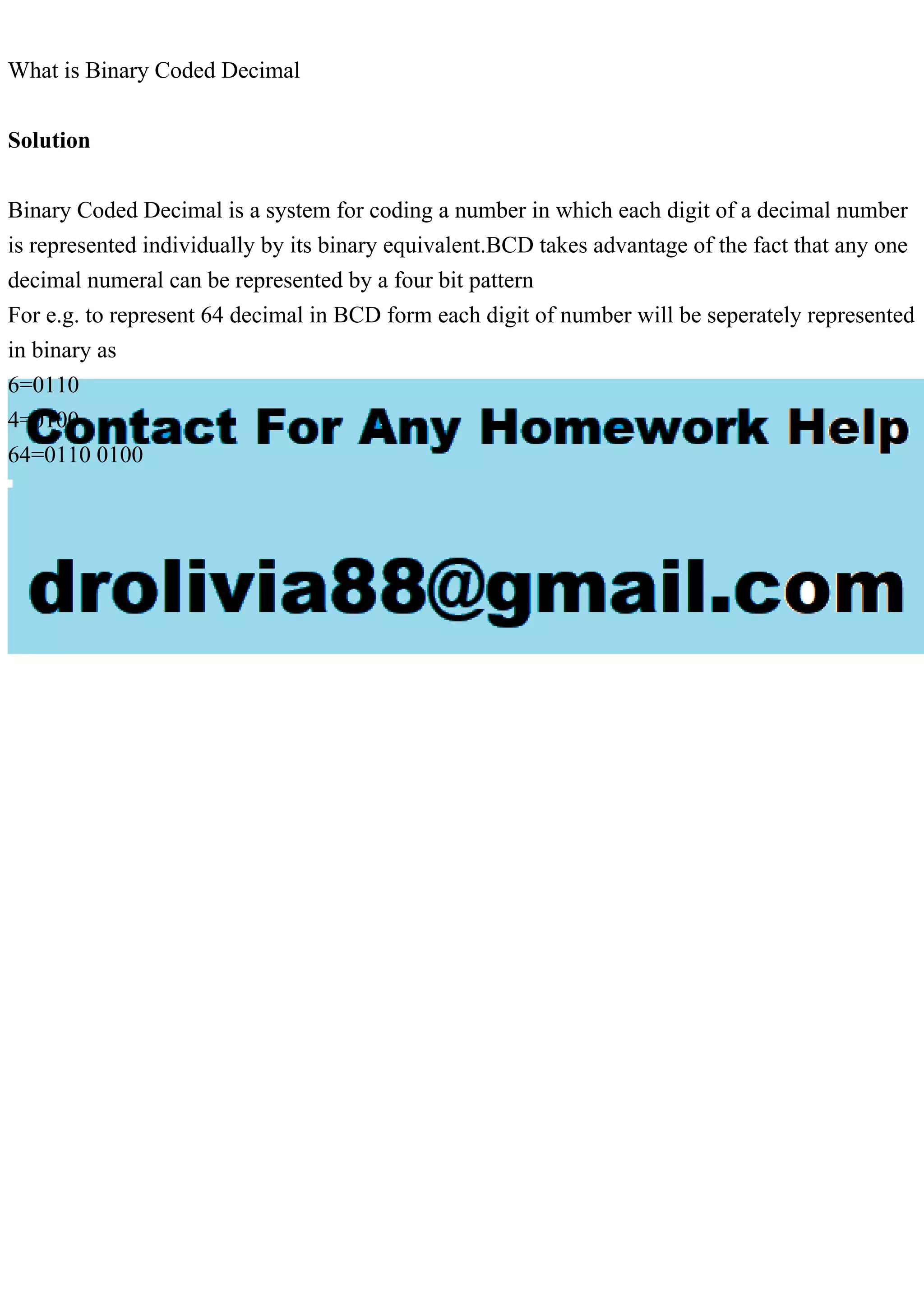 What is Binary Coded DecimalSolutionBinary Coded Decimal is a .pdf image.