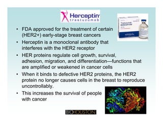 • FDA approved for the treatment of certain
(HER2+) early-stage breast cancers
• Herceptin is a monoclonal antibody that
interferes with the HER2 receptor
• HER proteins regulate cell growth survival• HER proteins regulate cell growth, survival,
adhesion, migration, and differentiation—functions that
are amplified or weakened in cancer cells
• When it binds to defective HER2 proteins, the HER2
protein no longer causes cells in the breast to reproduce
uncontrollablyuncontrollably.
• This increases the survival of people
with cancer
 