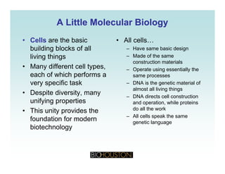 A Little Molecular BiologyA Little Molecular Biology
• Cells are the basic
building blocks of all
li i hi
• All cells…
– Have same basic design
M d f thliving things
• Many different cell types,
each of which performs a
– Made of the same
construction materials
– Operate using essentially the
same processeseach of which performs a
very specific task
• Despite diversity, many
same processes
– DNA is the genetic material of
almost all living things
– DNA directs cell construction
unifying properties
• This unity provides the
foundation for modern
DNA directs cell construction
and operation, while proteins
do all the work
– All cells speak the same
foundation for modern
biotechnology
genetic language
 