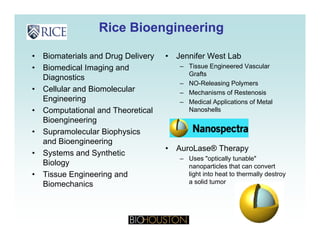 Rice BioengineeringRice Bioengineering
• Biomaterials and Drug Delivery
• Biomedical Imaging and
Diagnostics
• Jennifer West Lab
– Tissue Engineered Vascular
Grafts
Diagnostics
• Cellular and Biomolecular
Engineering
C t ti l d Th ti l
– NO-Releasing Polymers
– Mechanisms of Restenosis
– Medical Applications of Metal
N h ll• Computational and Theoretical
Bioengineering
• Supramolecular Biophysics
d Bi i i
Nanoshells
and Bioengineering
• Systems and Synthetic
Biology
• AuroLase® Therapy
– Uses "optically tunable"
nanoparticles that can convert
• Tissue Engineering and
Biomechanics
light into heat to thermally destroy
a solid tumor
 