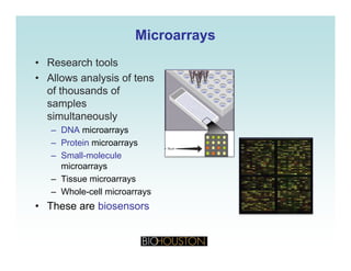 MicroarraysMicroarrays
• Research tools
• Allows analysis of tens
of thousands of
samples
simultaneouslysimultaneously
– DNA microarrays
– Protein microarrays
S ll l l– Small-molecule
microarrays
– Tissue microarrays
– Whole-cell microarrays
• These are biosensors
 