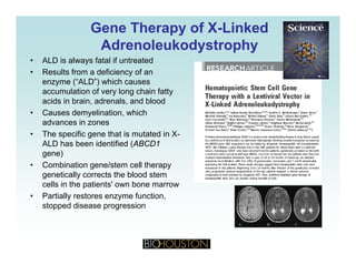 Gene Therapy of XGene Therapy of X--LinkedLinked
AdrenoleukodystrophyAdrenoleukodystrophyy p yy p y
• ALD is always fatal if untreated
• Results from a deficiency of an
enzyme (“ALD”) which causesy ( )
accumulation of very long chain fatty
acids in brain, adrenals, and blood
• Causes demyelination, which
d iadvances in zones
• The specific gene that is mutated in X-
ALD has been identified (ABCD1
gene)gene)
• Combination gene/stem cell therapy
genetically corrects the blood stem
cells in the patients' own bone marrow
• Partially restores enzyme function,
stopped disease progression
 