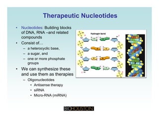 Therapeutic NucleotidesTherapeutic Nucleotides
• Nucleotides: Building blocks
of DNA, RNA –and related
compoundscompounds
• Consist of…
– a heterocyclic base,
a sugar and– a sugar, and
– one or more phosphate
groups
• We can synthesize these• We can synthesize these
and use them as therapies
– Oligonucleotides
A ti th• Antisense therapy
• siRNA
• Micro-RNA (miRNA)
 