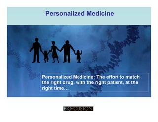 Personalized MedicinePersonalized Medicine
Personalized Medicine: The effort to match
the right drug, with the right patient, at thethe right drug, with the right patient, at the
right time…
 