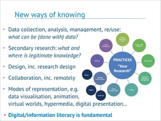 New ways of knowing
‣ Data collection, analysis, management, re/use:
what can be (done with) data?
‣ Secondary research: what and
where is legitimate knowledge?
‣ Design, inc. research design
‣ Collaboration, inc. remotely
‣ Modes of representation, e.g.
data visualisation, animation,
virtual worlds, hypermedia, digital presentation...
‣Digital/information literacy is fundamental
 