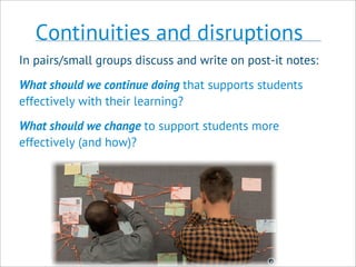 Continuities and disruptions
In pairs/small groups discuss and write on post-it notes:
What should we continue doing that supports students
effectively with their learning?
What should we change to support students more
effectively (and how)?
 