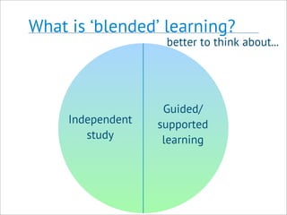 What is ‘blended’ learning?
Independent
study
Guided/
supported
learning
better to think about...
 