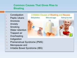 1. Constipation
2. Peptic Ulcers
3. Anorexia
4. Anxiety
5. Smoking
6. Water retention
7. Trapped air
8. Overheating
9. Indigestion
10. Premenstrual Syndrome (PMS)
11. Menopause and
12. Irritable Bowel Syndrome (IBS)
Common Causes That Gives Rise to
Bloating
 