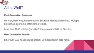 All is Well?
First Generation Problems:
Mt. Gox, Dark web, Ranson wares, Silk road, Money laundering... Multiple
blockchain economic offenders arrested.
Less than 1000 entities (mostly Chinese) control 60% of Bitcoins.
Next Generation Frauds:
Ethereum DAO hijack. DDOS attack. Both resulted in hard forks.
 