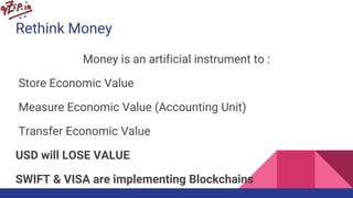Rethink Money
Money is an artificial instrument to :
Store Economic Value
Measure Economic Value (Accounting Unit)
Transfer Economic Value
USD will LOSE VALUE
SWIFT & VISA are implementing Blockchains
 