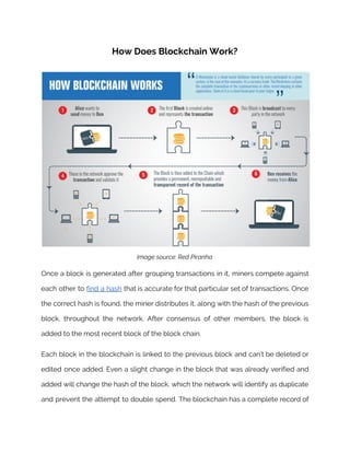 How Does Blockchain Work? 
 
Image source: Red Piranha 
Once a block is generated after grouping transactions in it, miners compete against                         
each other to ​find a hash that is accurate for that particular set of transactions. Once                               
the correct hash is found, the miner distributes it, along with the hash of the previous                               
block, throughout the network. After consensus of other members, the block is                       
added to the most recent block of the block chain. 
Each block in the blockchain is linked to the previous block and can’t be deleted or                               
edited once added. Even a slight change in the block that was already verified and                             
added will change the hash of the block, which the network will identify as duplicate                             
and prevent the attempt to double spend. The blockchain has a complete record of                           
 