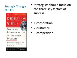 Strategic Triangle   • Strategists should focus on
of 3 C’s               the three key factors of
                       success

                     • 1.corporation
                     • 2.customer
                     • 3.competition
 