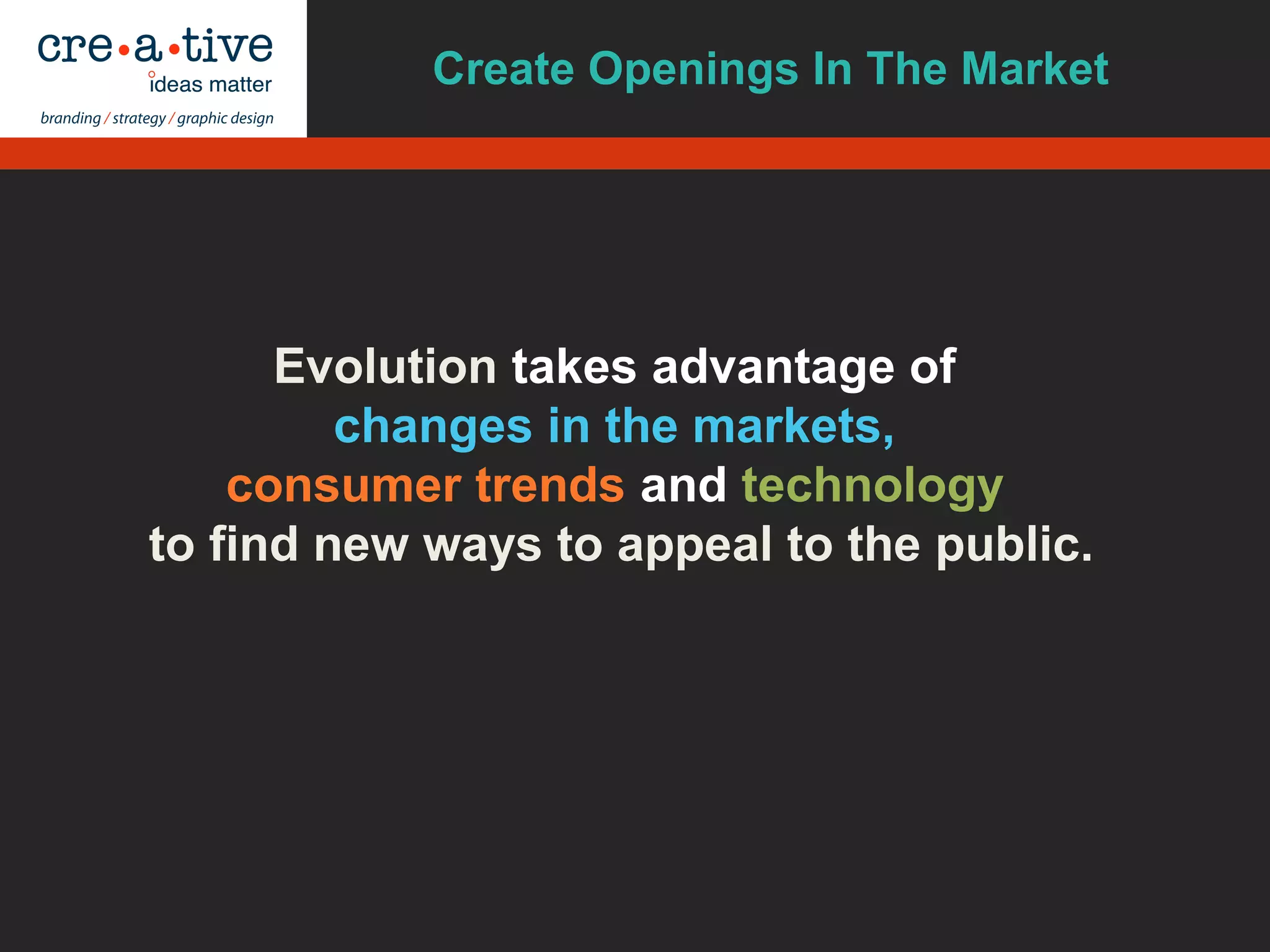 Evolution takes advantage of
changes in the markets,
consumer trends and technology
to find new ways to appeal to the public.
Create Openings In The Market
 