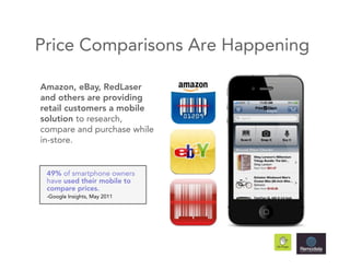 Price Comparisons Are Happening

Amazon, eBay, RedLaser
and others are providing
retail customers a mobile
solution to research,
compare and purchase while
in-store.


 49% of smartphone owners
 have used their mobile to
 compare prices.
 -Google Insights, May 2011
 