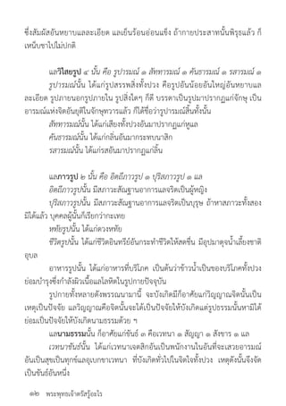 พระพุทธเจ้าตรัสรู้อะไร
ซึ่งสัมผัสอันหยาบแลละเอียด แลเย็นร้อนอ่อนแข็ง ถ้ากายประสาทนั้นพิรุธแล้ว ก็
เหน็บชาไปไม่ปกติ
	 แลวิไสยรูป ๔ นั้น คือ รูปารมณ์ ๑ สัททารมณ์ ๑ คันธารมณ์ ๑ รสารมณ์ ๑
	 รูปารมณ์นั้น ได้แก่รูปสรรพสิ่งทั้งปวง คือรูปอันน้อยอันใหญ่อันหยาบแล
ละเอียด รูปภายนอกรูปภายใน รูปสิ่งใดๆ ก็ดี บรรดาเป็นรูปมาปรากฏแก่จักษุ เป็น
อารมณ์แห่งจิตอันยุติในจักษุทวารแล้ว ก็ได้ชื่อว่ารูปารมณ์สิ้นทั้งนั้น
	 สัททารมณ์นั้น ได้แก่เสียงทั้งปวงอันมาปรากฏแก่หูแล
	 คันธารมณ์นั้น ได้แก่กลิ่นอันมากระทบนาสิก
	 รสารมณ์นั้น ได้แก่รสอันมาปรากฏแก่ลิ้น
	 แลภาวรูป ๒ นั้น คือ อิตถีภาวรูป ๑ ปุริสภาวรูป ๑ แล
	 อิตถีภาวรูปนั้น มีสภาวะสัณฐานอาการแลจริตเป็นผู้หญิง
	 ปุริสภาวรูปนั้น มีสภาวะสัณฐานอาการแลจริตเป็นบุรุษ ถ้าหาสภาวะทั้งสอง
มิได้แล้ว บุคคลผู้นั้นก็เรียกว่ากะเทย
	 หทัยรูปนั้น ได้แก่ดวงหทัย
	 ชีวิตรูปนั้น ได้แก่ชีวิตอินทรีย์อันกระท�ำชีวิตให้สดชื่น มีอุปมาดุจน�้ำเลี้ยงชาติ
อุบล
	 อาหารรูปนั้น ได้แก่อาหารที่บริโภค เป็นต้นว่าข้าวน�้ำเป็นของบริโภคทั้งปวง
ย่อมบ�ำรุงซึ่งก�ำลังผิวเนื้อแลโลหิตในรูปกายปัจจุบัน
	 รูปกายทั้งหลายดังพรรณนามานี้ จะบังเกิดมีก็อาศัยแก่วิญญาณจิตนั้นเป็น
เหตุเป็นปัจจัย แลวิญญาณคือจิตนั้นจะได้เป็นปัจจัยให้บังเกิดแต่รูปธรรมนั้นหามิได้
ย่อมเป็นปัจจัยให้บังเกิดนามธรรมด้วย ฯ
	 แลนามธรรมนั้น ก็อาศัยแก่ขันธ์ ๓ คือเวทนา ๑ สัญญา ๑ สังขาร ๑ แล
	 เวทนาขันธ์นั้น ได้แก่เวทนาเจตสิกอันเป็นพนักงานในอันที่จะเสวยอารมณ์
อันเป็นสุขเป็นทุกข์แลอุเบกขาเวทนา ที่บังเกิดทั่วไปในจิตใจทั้งปวง เหตุดังนั้นจึงจัด
เป็นขันธ์อันหนึ่ง
๑๒
 