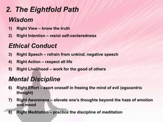 Major BeliefsThe Four Noble Truths Siddhartha's  philosophy of the nature of human suffering and its relation to desire is articulated by these four statements:Life is full of pain and suffering. Human desire causes this suffering. By putting an end to desire, humans can end suffering. Humans can end desire by following the Eightfold Path. 