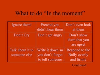 What to do “In the moment”
Ignore them! Pretend you
didn’t hear them
Don’t even look
at them
Don’t Cry Don’t get angry Don’t show
them that you
are upset
Talk about it to
someone else
Write it down so
you don’t forget
to tell someone
Respond to the
Bully evenly
and firmly
Continued
 