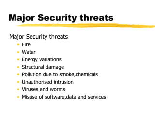 Major Security threats Major Security threats Fire Water Energy variations  Structural damage Pollution due to smoke,chemicals Unauthorised intrusion Viruses and worms Misuse of software,data and services 