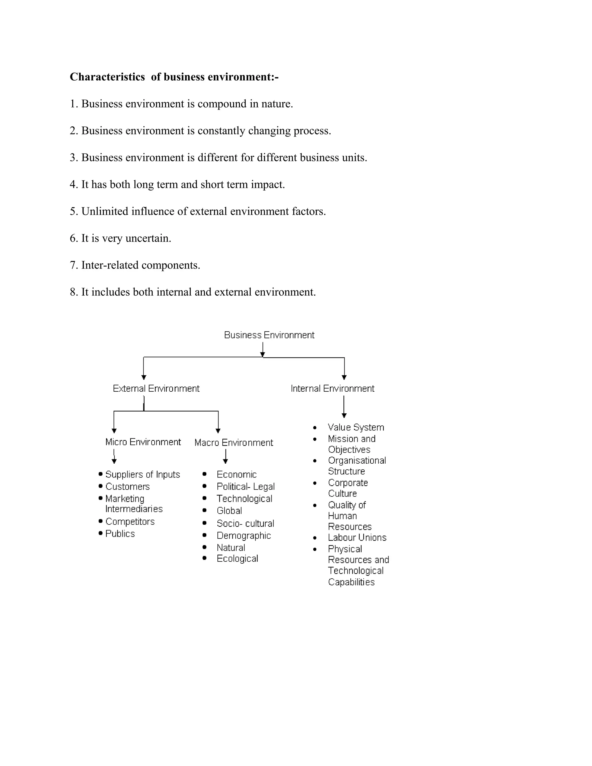 Characteristics of business environment:-
1. Business environment is compound in nature.
2. Business environment is constantly changing process.
3. Business environment is different for different business units.
4. It has both long term and short term impact.
5. Unlimited influence of external environment factors.
6. It is very uncertain.
7. Inter-related components.
8. It includes both internal and external environment.
 