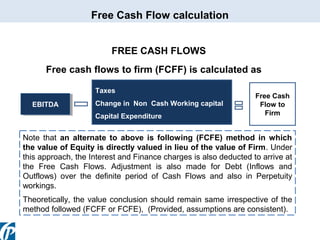 Free Cash Flow calculation
FREE CASH FLOWS
Free cash flows to firm (FCFF) is calculated as
Taxes
EBITDA
EBITDA

Change in Non Cash Working capital
Capital Expenditure

Free Cash
Flow to
Firm

Note that an alternate to above is following (FCFE) method in which
the value of Equity is directly valued in lieu of the value of Firm. Under
this approach, the Interest and Finance charges is also deducted to arrive at
the Free Cash Flows. Adjustment is also made for Debt (Inflows and
Outflows) over the definite period of Cash Flows and also in Perpetuity
workings.
Theoretically, the value conclusion should remain same irrespective of the
method followed (FCFF or FCFE), (Provided, assumptions are consistent).

 