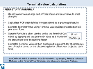 Terminal value calculation
PERPETUITY FORMULA
– Usually comprises a Large part of Total Value and is sensitive to small
changes
– Capitalizes FCF after definite forecast period as a growing perpetuity;
– Estimate Terminal Value using Terminal Value Multiplier applied on last
year cash flows
– Gordon Formula is often used to derive the Terminal Cash (1 + g)
Flows by applying the last year cash flows as a multiple of
(WACC – g)
the growth rate and discounting factor
– Estimated Terminal Value is then discounted to present day at company’s
cost of capital based on the discounting factor of last year projected cash
flows

IMPORTANT TIP- It is advised to do Sanity check by applying Relative Valuation
Multiples to the Terminal Year Financials and also doing Scenario Analysis.

 
