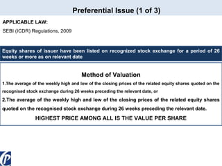 Preferential Issue (1 of 3)
APPLICABLE LAW:
SEBI (ICDR) Regulations, 2009

Equity shares of issuer have been listed on recognized stock exchange for a period of 26
weeks or more as on relevant date

Method of Valuation
1.The average of the weekly high and low of the closing prices of the related equity shares quoted on the
recognised stock exchange during 26 weeks preceding the relevant date, or

2.The average of the weekly high and low of the closing prices of the related equity shares
quoted on the recognised stock exchange during 26 weeks preceding the relevant date.

HIGHEST PRICE AMONG ALL IS THE VALUE PER SHARE

 