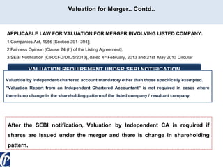 Valuation for Merger.. Contd..

APPLICABLE LAW FOR VALUATION FOR MERGER INVOLVING LISTED COMPANY:
1.Companies Act, 1956 [Section 391- 394];
2.Fairness Opinion [Clause 24 (h) of the Listing Agreement];
3.SEBI Notification [CIR/CFD/DIL/5/2013], dated 4 th February, 2013 and 21st May 2013 Circular

VALUATION REQUIREMENT UNDER SEBI NOTIFICATION
Valuation by independent chartered account mandatory other than those specifically exempted.
''Valuation Report from an Independent Chartered Accountant'' is not required in cases where
there is no change in the shareholding pattern of the listed company / resultant company.

After the SEBI notification, Valuation by Independent CA is required if
shares are issued under the merger and there is change in shareholding
pattern.

 