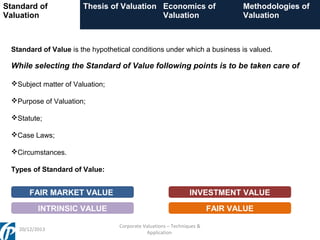 Standard of
Valuation

Thesis of Valuation Economics of
Valuation

Methodologies of
Valuation

Standard of Value is the hypothetical conditions under which a business is valued.

While selecting the Standard of Value following points is to be taken care of
Subject matter of Valuation;
Purpose of Valuation;
Statute;
Case Laws;
Circumstances.
Types of Standard of Value:

FAIR MARKET VALUE

INVESTMENT VALUE

INTRINSIC VALUE

FAIR VALUE

20/12/2013

Corporate Valuations – Techniques &
Application

 