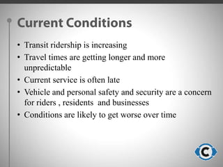 Redevelopment opportunities  throughout the corridorCurrent ConditionsTransit ridership is increasing