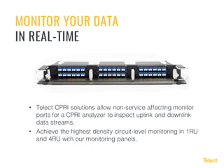• Telect CPRI solutions allow non-service affecting monitor
ports for a CPRI analyzer to inspect uplink and downlink
data streams.
• Achieve the highest density circuit-level monitoring in 1RU
and 4RU with our monitoring panels.
MONITOR YOUR DATA
IN REAL-TIME
 