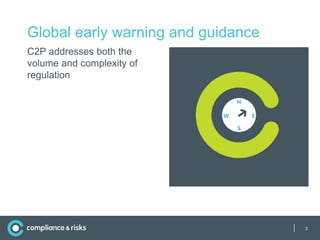 Global early warning and guidance
C2P addresses both the
volume and complexity of
regulation




                                    |   3
 